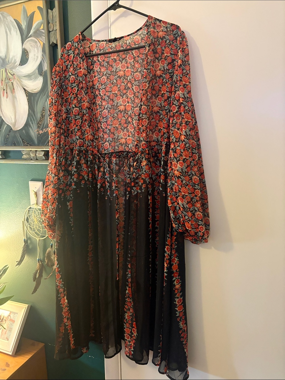 Floral Sheer Black Duster with Red Rose Print - Picture 1 of 6